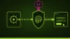 1Password for Claude – schéma v barvách GeekLife: z trezoru vede přerušovaná linka přes štít s otiskem prstu do okna prohlížeče s vyplněným přihlašovacím formulářem, odbočka k robotovi je přeškrtnutá