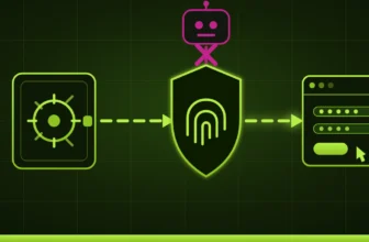 1Password for Claude – schéma v barvách GeekLife: z trezoru vede přerušovaná linka přes štít s otiskem prstu do okna prohlížeče s vyplněným přihlašovacím formulářem, odbočka k robotovi je přeškrtnutá
