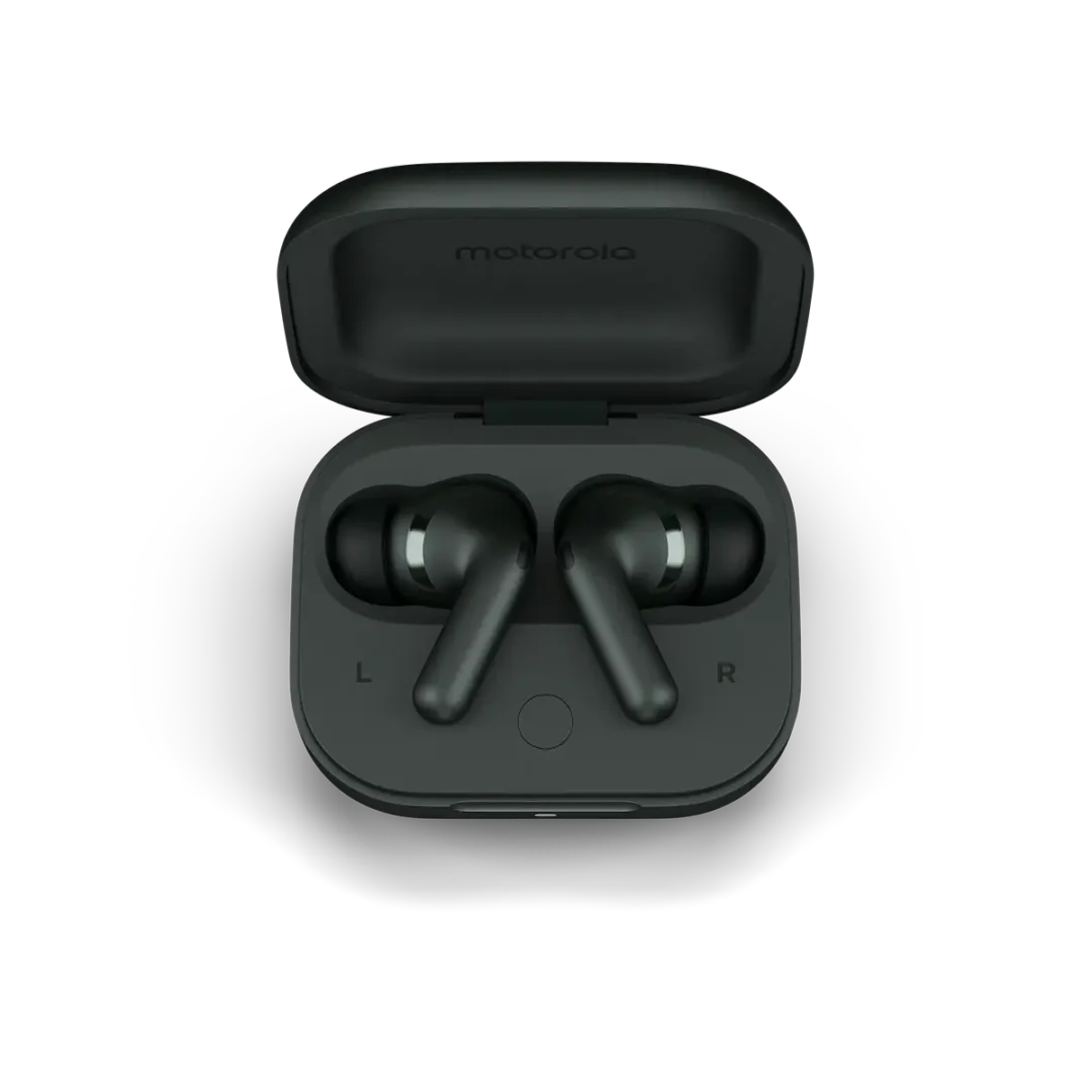 Motorola představuje nová sluchátka Moto Buds a Moto Buds+ 4 2024 moto buds forest gray open