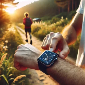 DALL·E 2024 07 08 08.29.23 A wrist with a smartwatch the background shows an outdoor scene with a person on a walk. The person is looking at the watch on their wrist which is 1