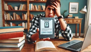 DALL·E 2024 07 08 09.32.36 A frustrated person holding a Kindle e reader with a Download Error message on the screen sitting at a table with a stack of books and a laptop nea 1