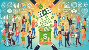 DALL·E 2024 07 31 18.07.55 An illustration depicting the concept of universal basic income UBI. Show diverse people receiving money e.g. from a government or community fund 1