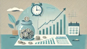 DALL·E 2024 11 06 12.42.53 A simple illustration of long term saving for retirement. The image shows a money jar gradually filling with coins next to a growing investment chart