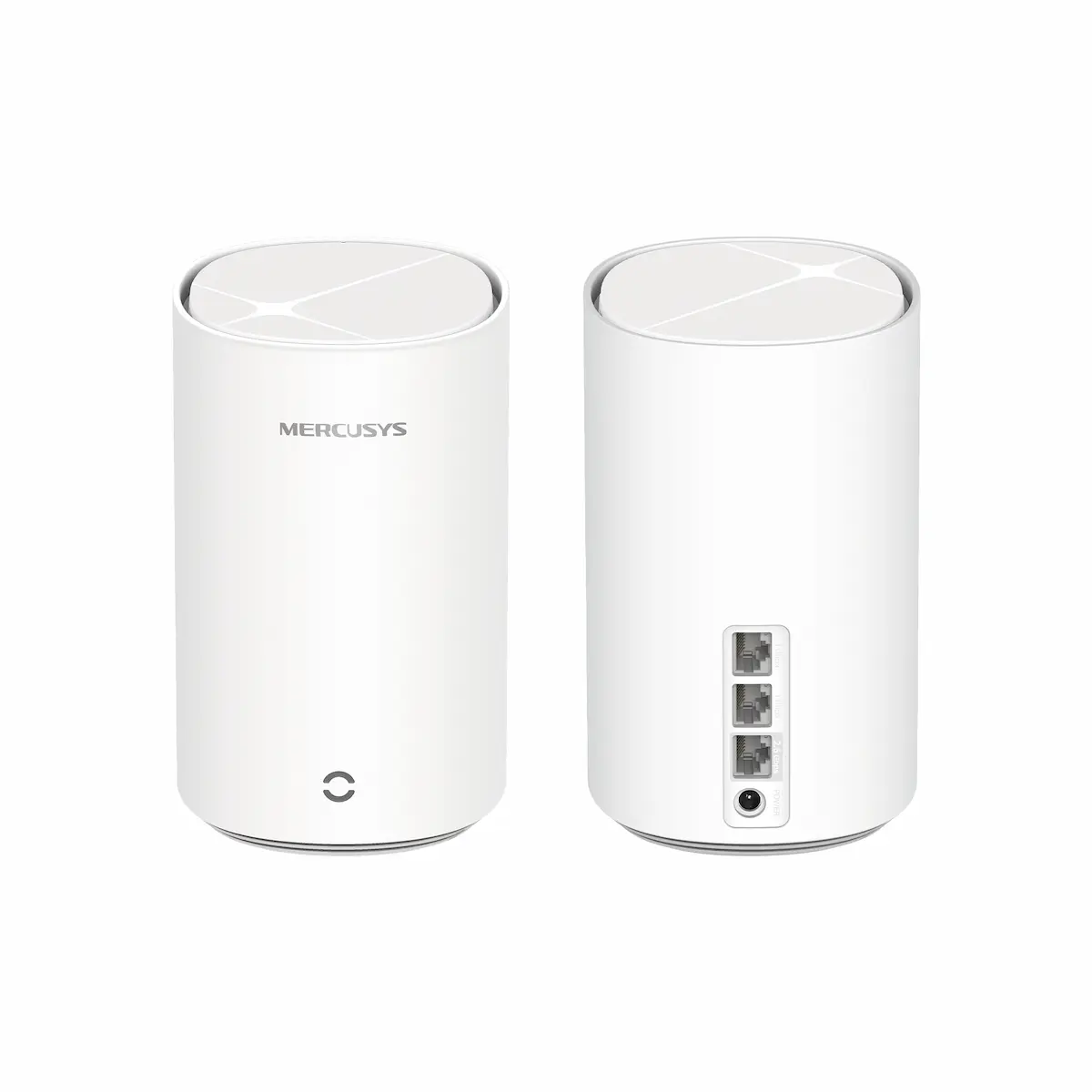 Mercusys Halo E27BE: dvoupásmový Wi-Fi 7 mesh pro celý dům za 4 299 Kč 1 Dvě jednotky Mercusys Halo E27BE zepředu a zezadu, vzadu jeden 2,5Gb/s port a dva gigabitové porty