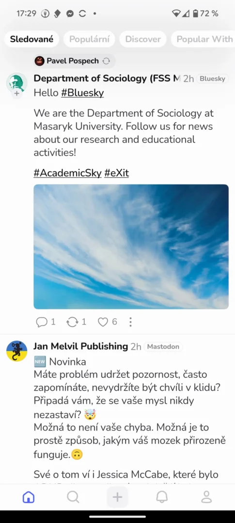 Česká aplikace Openvibe propojuje na jednom místě Threads, Bluesky, Mastodon i Nostr 2 Screenshot 20250129 172935
