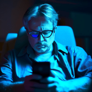 a middle aged man is tired from the blue light from his mobile phone over the shoudler view 70 mm