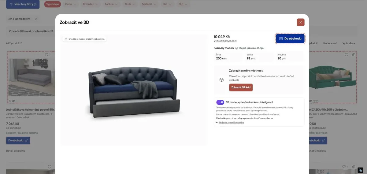 Biano Zobrazit ve 3D Biano Zobrazit ve 3D: okno s 3D modelem rozkládací postele, rozměry z e-shopu a upozorněním na AI