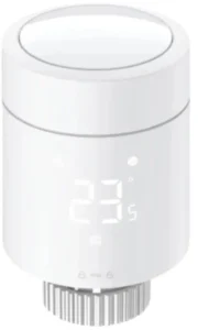 Aqara Radiator Thermostat W600 Aqara Radiator Thermostat W600 – bílá válcová hlavice, na displeji svítí 23,5, dole chromovaná matice na ventil