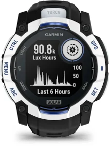 Garmin Instinct 3 Solar Garmin Instinct 3 Solar – bílá luneta, černý řemínek a graf slunečního svitu na displeji