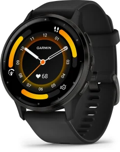 Garmin Venu 3 Garmin Venu 3 – černé hodinky s analogovým ciferníkem a oranžovými oblouky