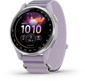 Garmin Approach J1 Garmin Approach J1 – stříbrná luneta, fialový textilní řemínek a golfový ciferník