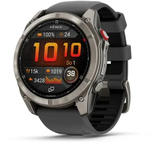 Garmin Fenix 8 Pro Garmin Fenix 8 Pro – titanové pouzdro s černým řemínkem a červeným tlačítkem na boku