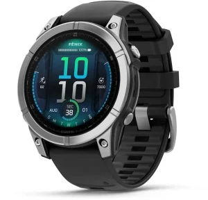 Garmin Fenix E Garmin Fenix E – nerezová luneta, černý řemínek a tyrkysový čas na displeji