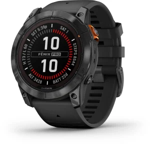 Garmin Fenix 7X Pro Solar Garmin Fenix 7X Pro Solar – velké šedé pouzdro s černým řemínkem a oranžovými údaji na ciferníku