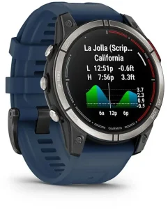 Garmin Quatix 7 Pro Garmin Quatix 7 Pro – modrý řemínek a graf přílivu a odlivu na displeji