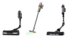Rowenta X-Force Flex 15.60, Dyson V15 Detect a Rowenta X-Force Flex 9.60 – tři tyčové vysavače vedle sebe na bílém pozadí