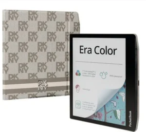PocketBook Era Color DKNY PocketBook Era Color DKNY – béžová čtečka vedle obalu se vzorem DKNY