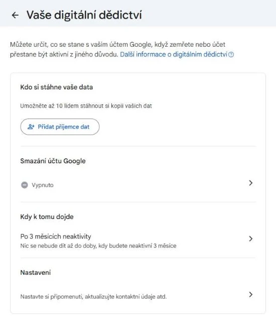 Google Účet: Vaše digitální dědictví Google Účet – stránka Vaše digitální dědictví s příjemci dat, smazáním účtu a obdobím neaktivity