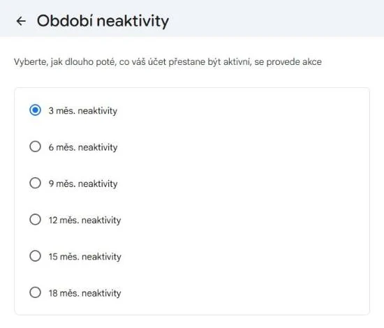 Google Účet: Období neaktivity Google Účet – Období neaktivity s volbami od 3 do 18 měsíců