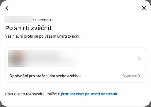 Facebook: Po smrti zvěčnit Centrum účtů Meta – dialog Po smrti zvěčnit s pověřenou kontaktní osobou
