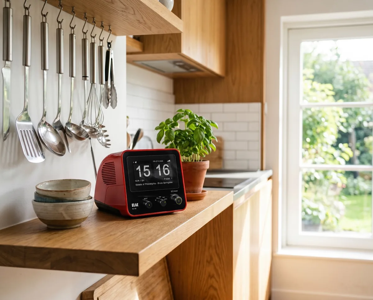 ELAC vrací na noční stolky radiobudík RD 100 z roku 1972: vzbudí vás rádiem DAB+ a stojí 4 999 Kč 19 ELAC RD 100 – červený radiobudík na dřevěné kuchyňské polici vedle bazalky
