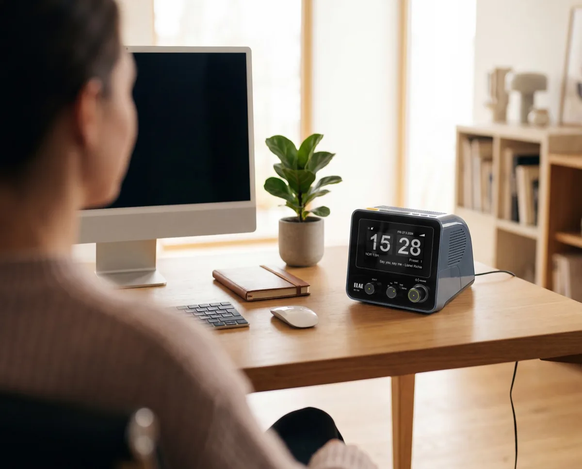 ELAC vrací na noční stolky radiobudík RD 100 z roku 1972: vzbudí vás rádiem DAB+ a stojí 4 999 Kč 20 ELAC RD 100 – šedý radiobudík na pracovním stole vedle monitoru