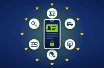 Evropská digitální peněženka — telefon s digitální občankou uprostřed kruhu dvanácti hvězd EU, kolem něj ikony řidičského průkazu, diplomu, receptu, jízdenky a klíče