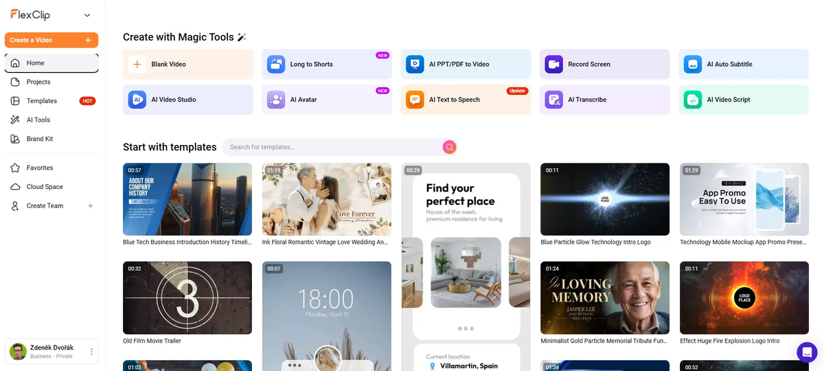 FlexClip recenze: AI video editor pro lidi bez Premiere Pro 2 FlexClip domovská obrazovka s Magic Tools a galerií šablon