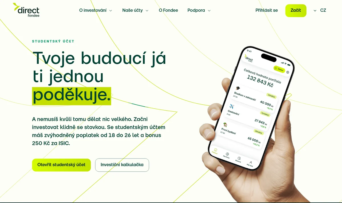 Naše dojmy z investiční platformy Fondee po necelých 3 letech 40 Direct Fondee – stránka studentského účtu se zvýhodněným poplatkem do 26 let a bonusem 250 Kč za ISIC