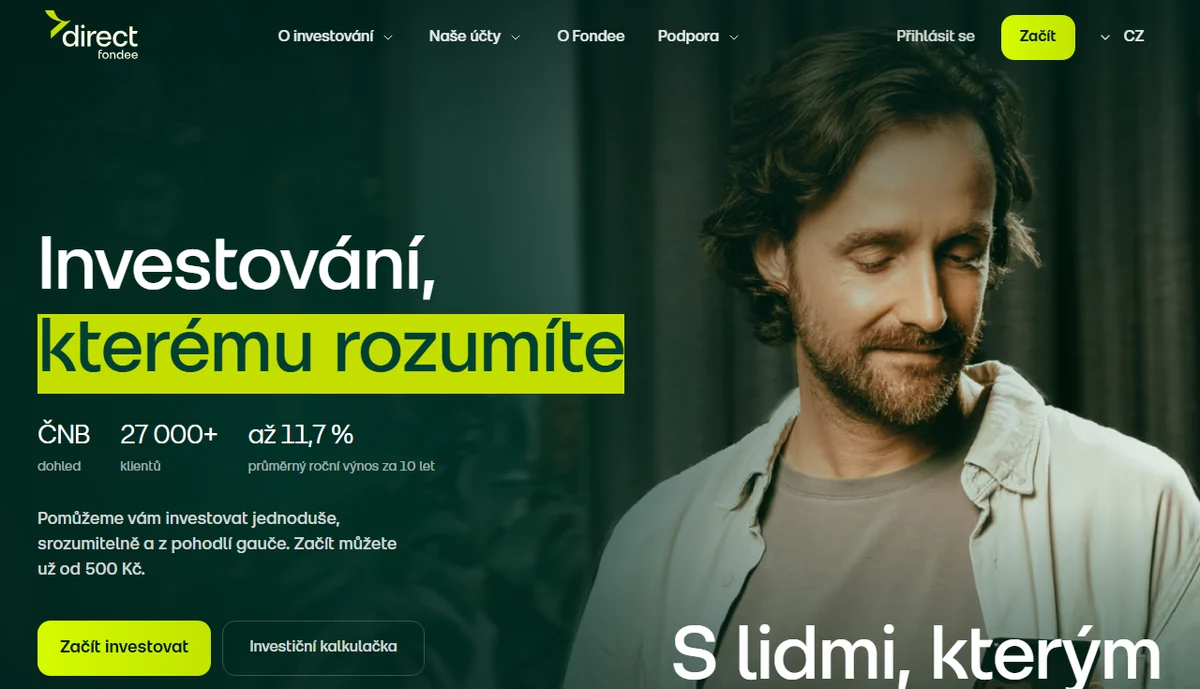 Naše dojmy z investiční platformy Fondee po necelých 3 letech 19 Direct Fondee – úvodní stránka webu s počtem klientů 27 000+, výnosem až 11,7 % ročně a vstupem od 500 Kč (říjen 2026)