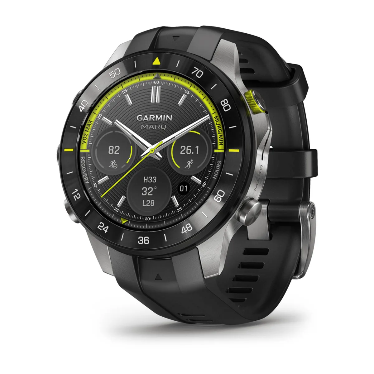 Garmin MARQ Athlete (Gen 3) Garmin MARQ Athlete (Gen 3) – černé hodinky s pryžovým řemínkem a lunetou se žlutou stupnicí VO2 Max