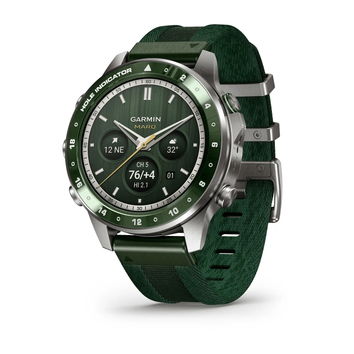 Garmin MARQ Golfer (Gen 3) Garmin MARQ Golfer (Gen 3) – hodinky se zelenou lunetou s ukazatelem jamek a zeleným tkaným řemínkem