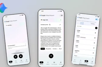 Tři obrazovky aplikace Google AI Edge Eloquent na iPhonu: živý přepis diktování s waveformem, vyčištěný text s režimy úprav a osobní slovník, nahoře barevné logo aplikace