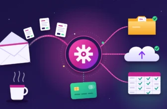 Automatizace faktur od dodavatelů — ilustrace: doklady z otevřené obálky putují přes stroj s ozubeným kolem do složky, cloudu a tabulky, pod ním platební karta a vedle hrnek kávy