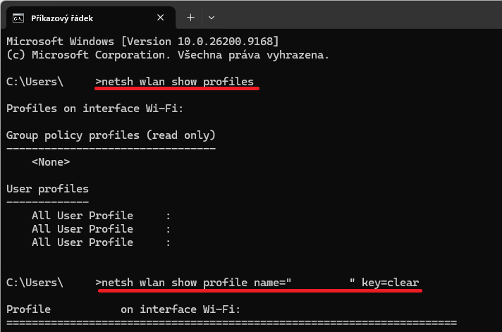 Jak nastavit heslo na Wi-Fi 2 Příkazový řádek Windows s příkazy netsh wlan show profiles a netsh wlan show profile key=clear