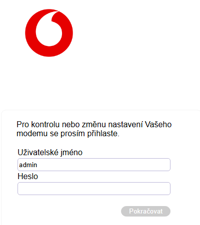 Jak nastavit heslo na Wi-Fi 4 Přihlašovací stránka modemu Vodafone s poli Uživatelské jméno a Heslo
