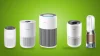 Levoit Core Mini, Xiaomi Smart Air Purifier 4 Compact, Philips 2200 Series AC2220/10, Levoit Core300S a Dyson PH05 – pět čističek vzduchu vedle sebe na zeleném pozadí
