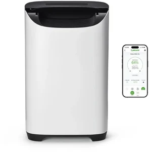 Meaco DD8L Pro Meaco DD8L Pro – bílý absorpční odvlhčovač a vedle něj mobil s ovládací aplikací