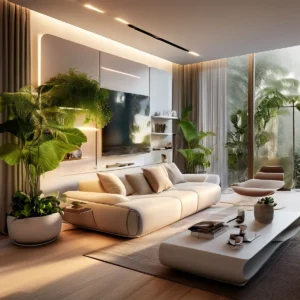 living room dominated by smart technology features voice controlled lights casting a warm glow on m
