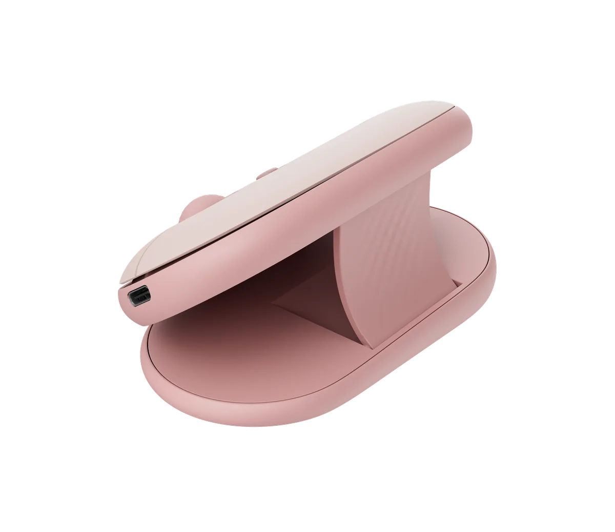Logitech Pebble Up: myš na cesty si na stole zvednete do sklonu 35 stupňů 20 Logitech Pebble Up – růžová myš s vyklopenou skořepinou a opěrkou pod ní