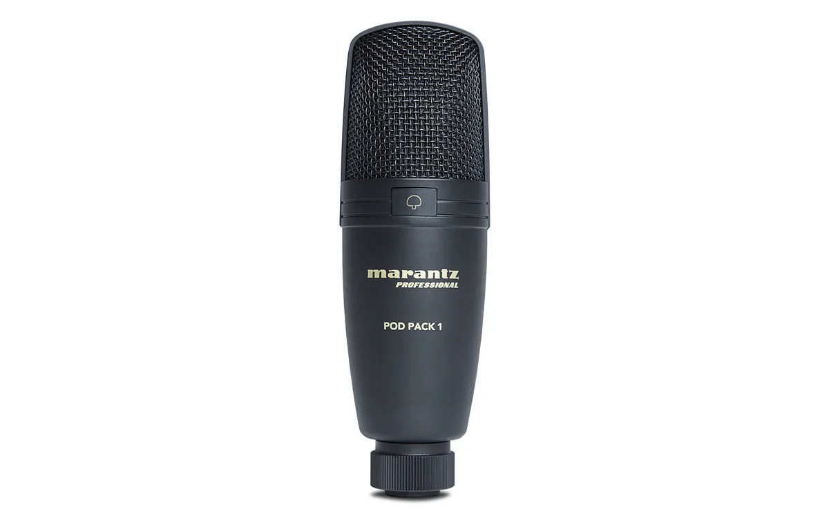 Marantz Pod Pack 1: mikrofon i ocelový stojan za 1 099 Kč, stůl vám zůstane volný 1 Marantz Pod Pack 1: čelní pohled na kondenzátorový mikrofon s mřížkou a popisem modelu