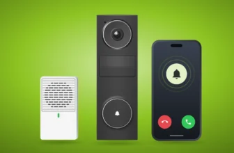 Mercusys MD210 – černý videozvonek, bílý vnitřní gong a telefon s příchozím hovorem na zeleném pozadí