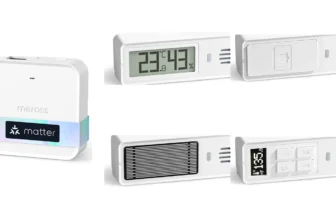 Meross MSH450P, MS120H, MS220H, MS420H a MS700H: chytrý hub a čtyři bílá čidla na bílém pozadí