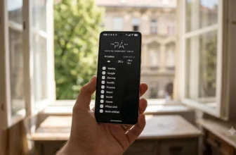 Telefon s Niagara Launcherem v ruce u okna, na obrazovce svisly seznam aplikaci