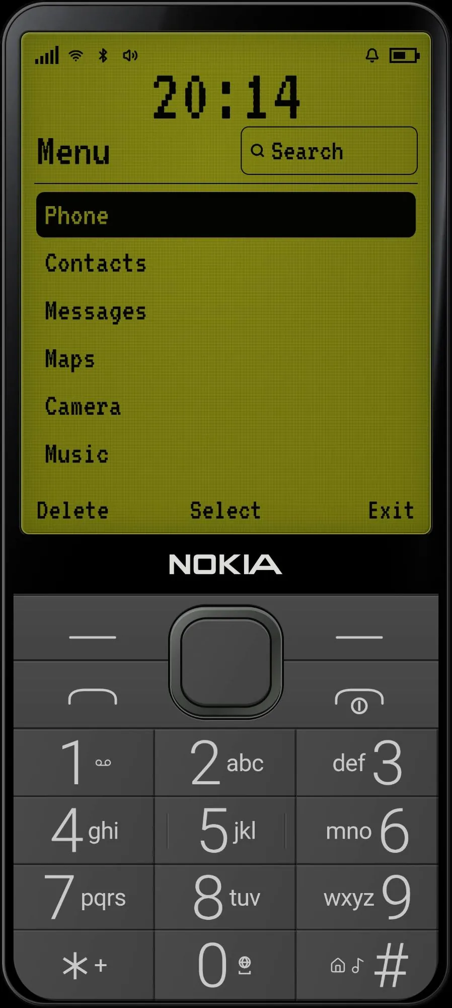 Nokia Launcher Nokia Launcher – hlavní menu s textovým seznamem aplikací a polem Search