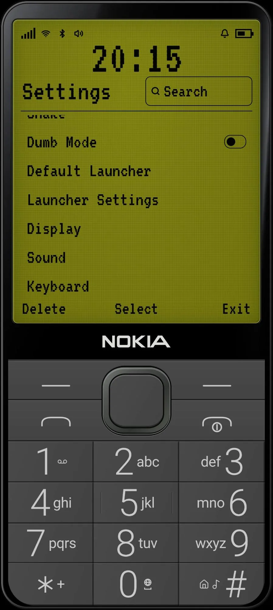 Nokia Launcher Nokia Launcher – obrazovka Settings s položkami Display, Sound a Keyboard