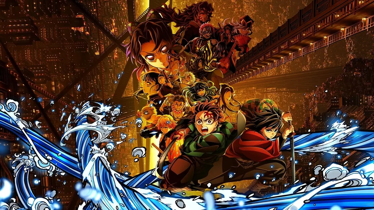 Demon Slayer: Kimetsu no Yaiba – Infinity Castle Demon Slayer: Kimetsu no Yaiba – Infinity Castle, Tandžiró a další zabijáci démonů se řítí na vlně vody nekonečným hradem