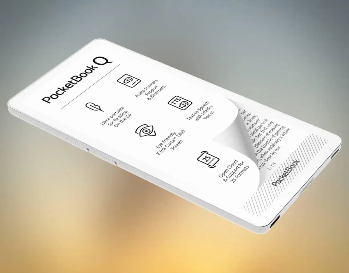 PocketBook Q: kapesní čtečka za 199 eur váží 130 gramů a žádnou aplikaci do ní nenainstalujete 1 Čtečka PocketBook Q v šikmém pohledu, na displeji ikony funkcí a napůl otočená stránka knihy