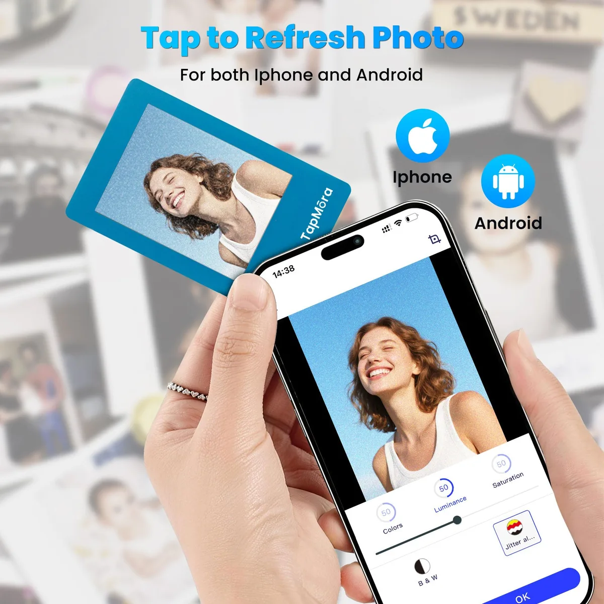 Tapmora – ruka drží telefon s otevřenou aplikací a vedle něj modrý fotomagnet