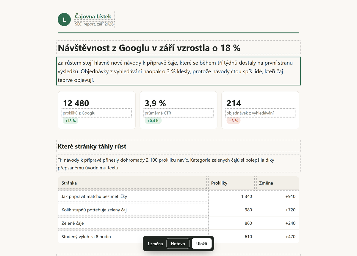 Editor textu v reportu od Claude Code Editor textu v reportu od Claude Code: orámované texty ve vymyšleném SEO reportu e-shopu s čajem a lišta s tlačítky Hotovo a Uložit